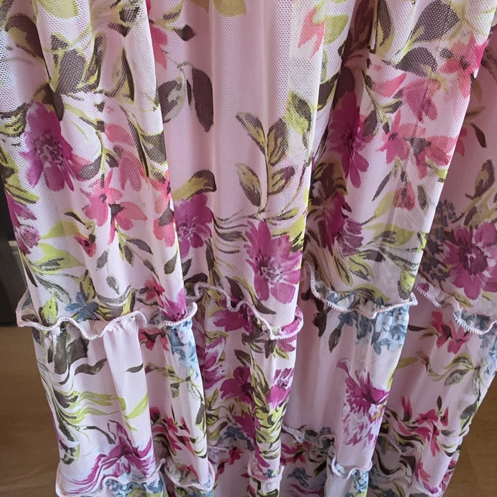 Women's Pink Floral Midi Dress with Long Sheer Sleeves - Picture 7 of 7